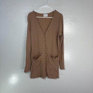 SABO Cardigan Sweater Womens Large Brown V Neck Button Front Pockets Ribbed Knit